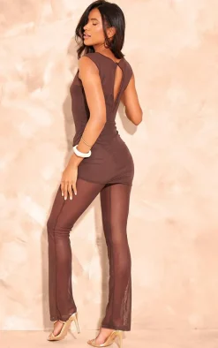 Brown Mesh Boat Neck Skirt Wrap Jumpsuit