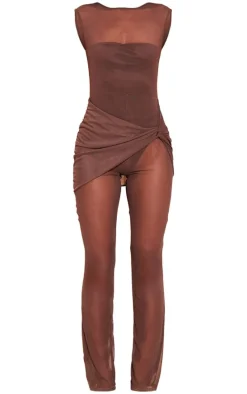 Brown Mesh Boat Neck Skirt Wrap Jumpsuit