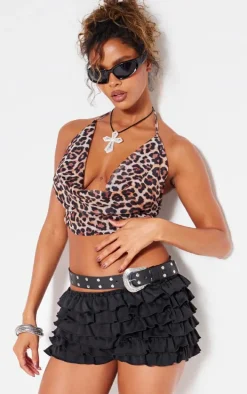 Brown Mesh Leopard Print Cowl Top