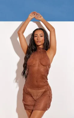 Brown Mesh Lurex Mini Beach Dress