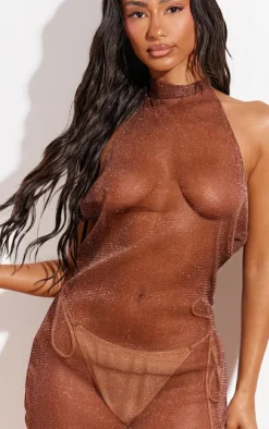 Brown Mesh Lurex Mini Beach Dress