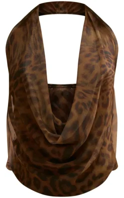 Brown Mesh Printed Halter Neck Top
