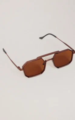 Brown Metal Thick Frame Aviator Sunglasses