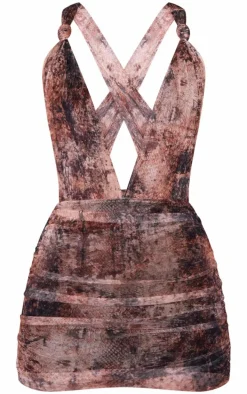 Brown Muted Snake Printed Mesh Ruched Dress