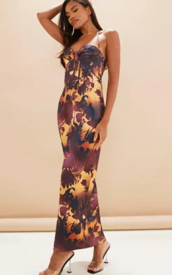 Brown Ombre Floral Print Satin Ruched Corset Halterneck Midaxi Dress