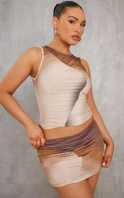 Brown Ombre Print Asymmetric Low Rise Micro Mini Skirt