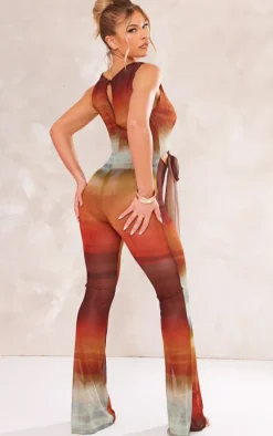 Brown Ombre Print Knot Detail Mesh Jumpsuit