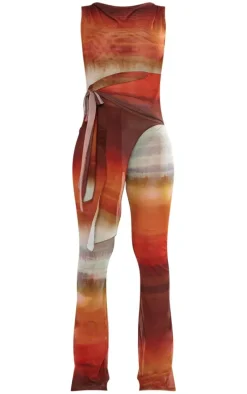 Brown Ombre Print Knot Detail Mesh Jumpsuit