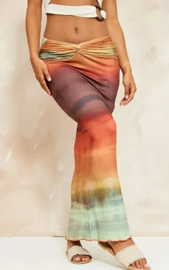 Brown Ombre Print Soft Touch Knot Front Midaxi Skirt