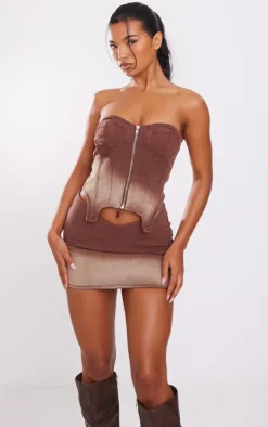 Brown Ombre Wash Bandeau Zip Denim Corset