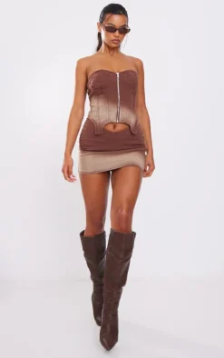 Brown Ombre Wash Bandeau Zip Denim Corset