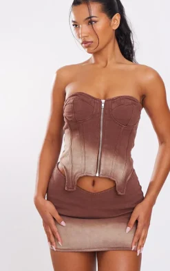 Brown Ombre Wash Bandeau Zip Denim Corset