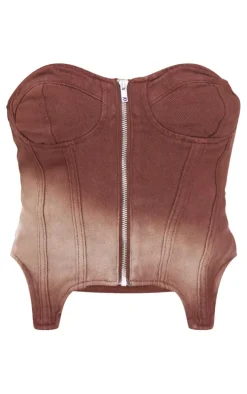 Brown Ombre Wash Bandeau Zip Denim Corset
