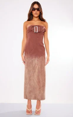 Brown Ombre Wash Bandeau Belted Denim Maxi Dress