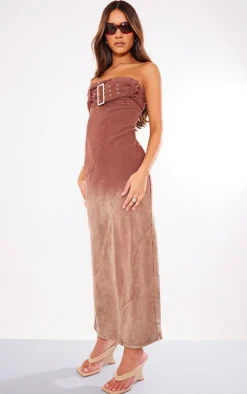 Brown Ombre Wash Bandeau Belted Denim Maxi Dress