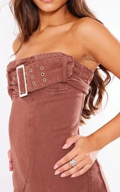 Brown Ombre Wash Bandeau Belted Denim Maxi Dress