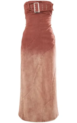 Brown Ombre Wash Bandeau Belted Denim Maxi Dress