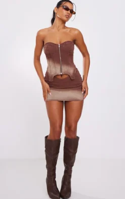 Brown Ombre Wash V Waistband Mini Skirt