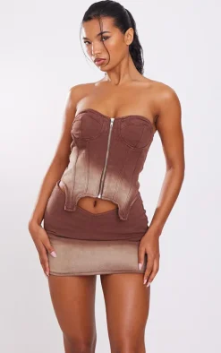 Brown Ombre Wash V Waistband Mini Skirt