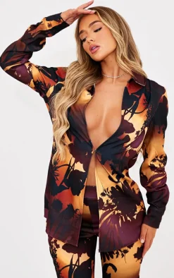 Brown Oversized Floral Ombre Print Shirt