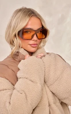 Brown Oversized Thick Arm Detail Squared Sunglasses