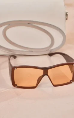 Brown Oversized Thick Arm Detail Squared Sunglasses