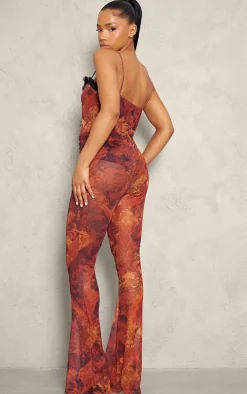 Brown Paisley Print Mesh Cut Out Frill Detail Jumpsuit