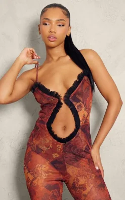 Brown Paisley Print Mesh Cut Out Frill Detail Jumpsuit