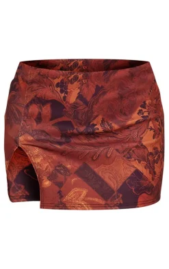 Brown Paisley Print Stretch Woven Extreme Split Hem Micro Mini Skirt