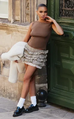 Brown Plaid Printed Lace Detail Ruffled Rara Skirt