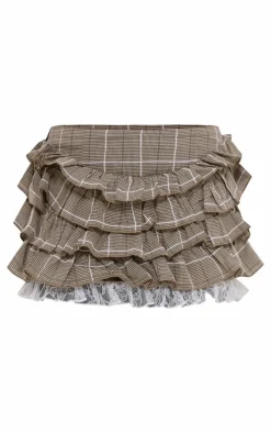 Brown Plaid Printed Lace Detail Ruffled Rara Skirt