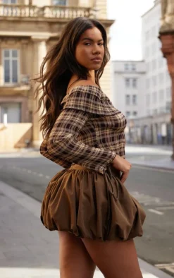 Brown Plisse Chiffon Check Bardot Blouse
