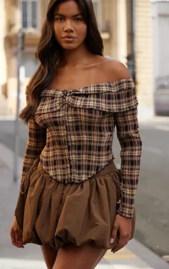 Brown Plisse Chiffon Check Bardot Blouse