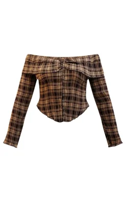 Brown Plisse Chiffon Check Bardot Blouse