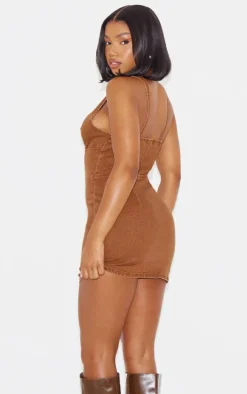 Brown Plunge Corset Style Denim Mini Dress