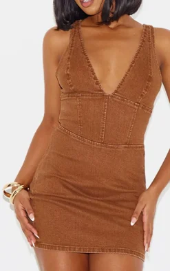 Brown Plunge Corset Style Denim Mini Dress