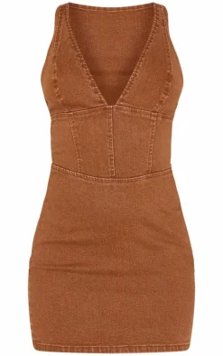 Brown Plunge Corset Style Denim Mini Dress