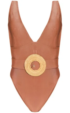 Brown Plunge Rattan Belted High Leg Swimsuit