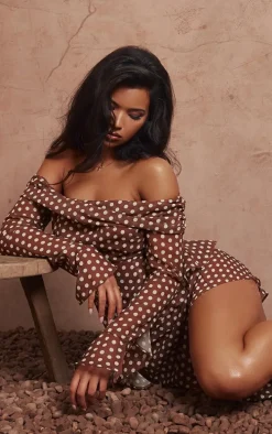 Brown Polka Dot Cowl Long Sleeve Midaxi Dress