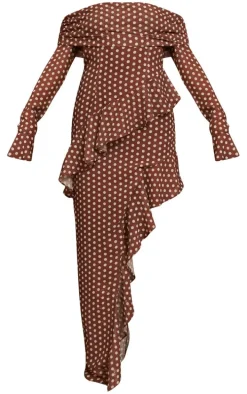 Brown Polka Dot Cowl Long Sleeve Midaxi Dress