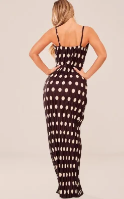 Brown Polka Dot Printed Plisse Strappy Maxi Dress