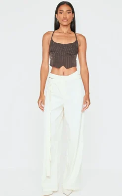 Brown Premium Woven Pinstripe Cross Back Cropped Corset