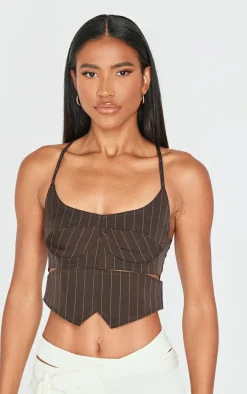 Brown Premium Woven Pinstripe Cross Back Cropped Corset