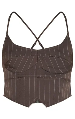 Brown Premium Woven Pinstripe Cross Back Cropped Corset