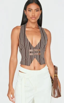 Brown Premium Woven Striped Buckle Plunge Vest