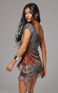 Brown Print Asymmetric Neck Frill Detail Bodycon Dress