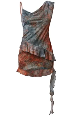 Brown Print Asymmetric Neck Frill Detail Bodycon Dress