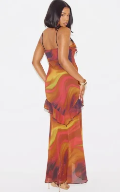 Brown Print Frill Strappy Maxi Dress