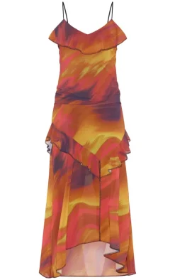 Brown Print Frill Strappy Maxi Dress