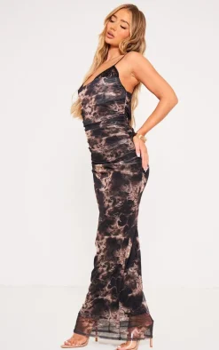Brown Print Mesh Cowl Neck Lace Cup Detail Maxi Dress